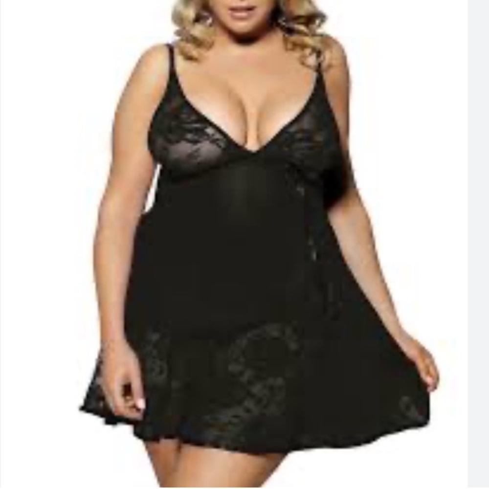 Soft Lace Babydoll with G-String Panty Sexy Lingerie Size 16-18 Black Sheer Sexy
